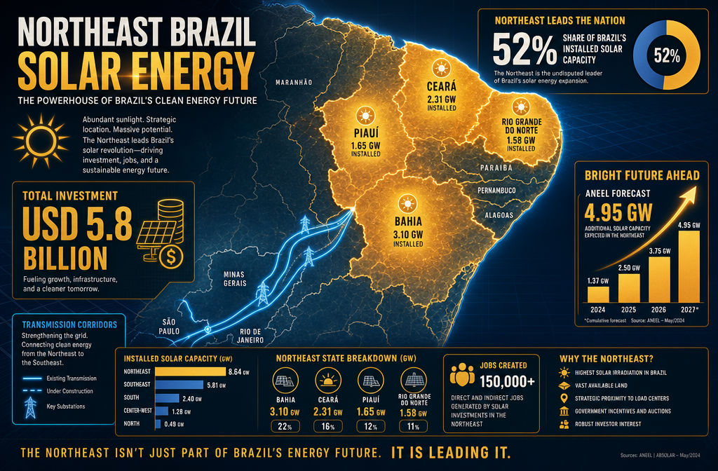 Detailed () infographic-style illustration showing Northeast Brazil map with solar capacity data overlays: glowing hotspots