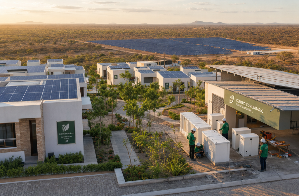 Detailed () ground-level wide-angle photograph of a modern inland residential development in Northeast Brazil's caatinga
