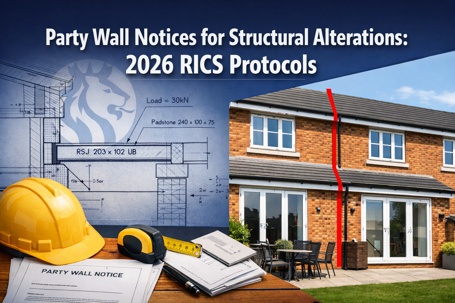 Professional () hero image featuring 'Party Wall Notices for Structural Alterations: 2026 RICS Protocols' in extra large