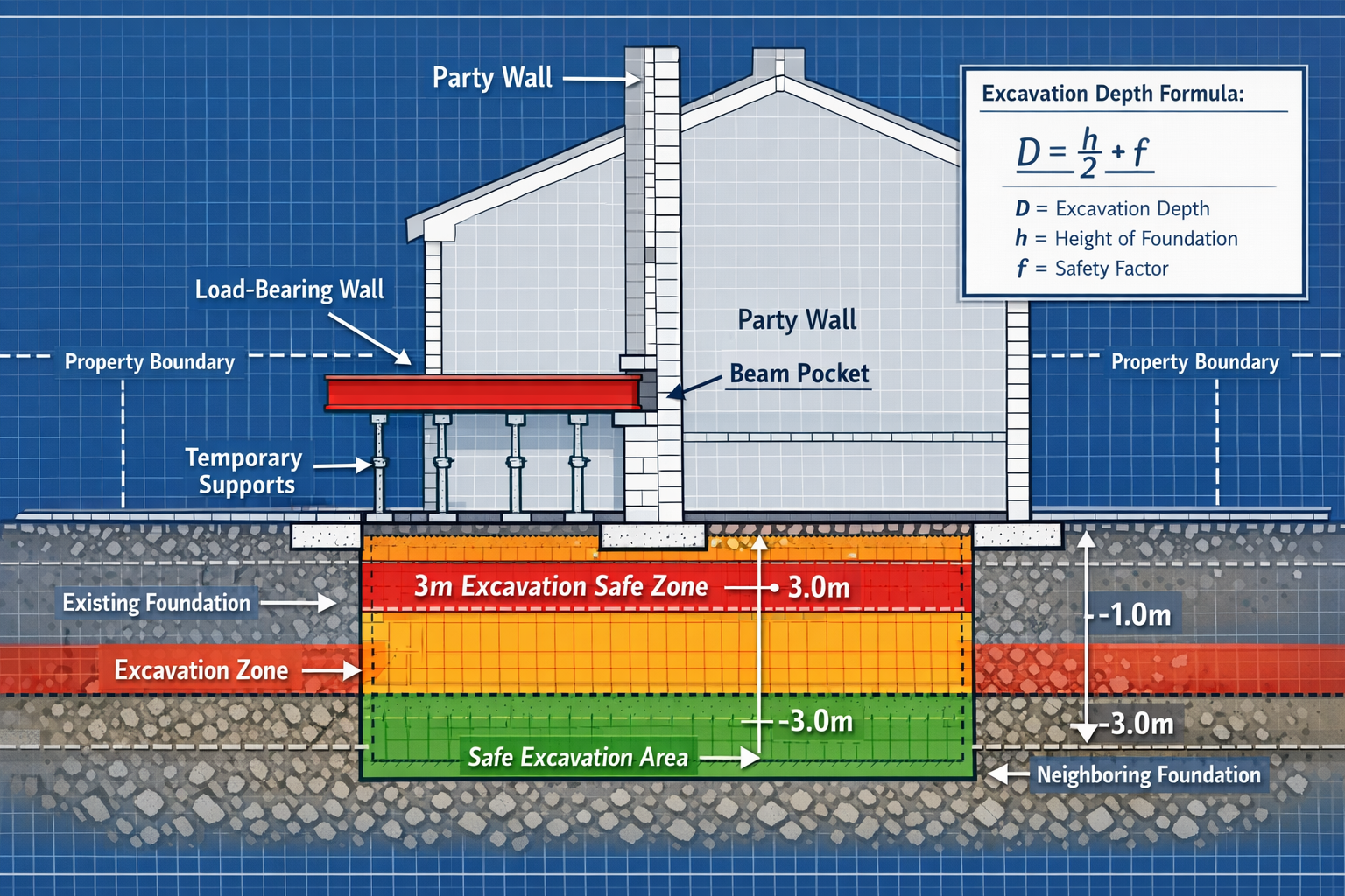 Detailed () technical illustration showing cross-sectional diagram of terraced house party wall with steel beam insertion