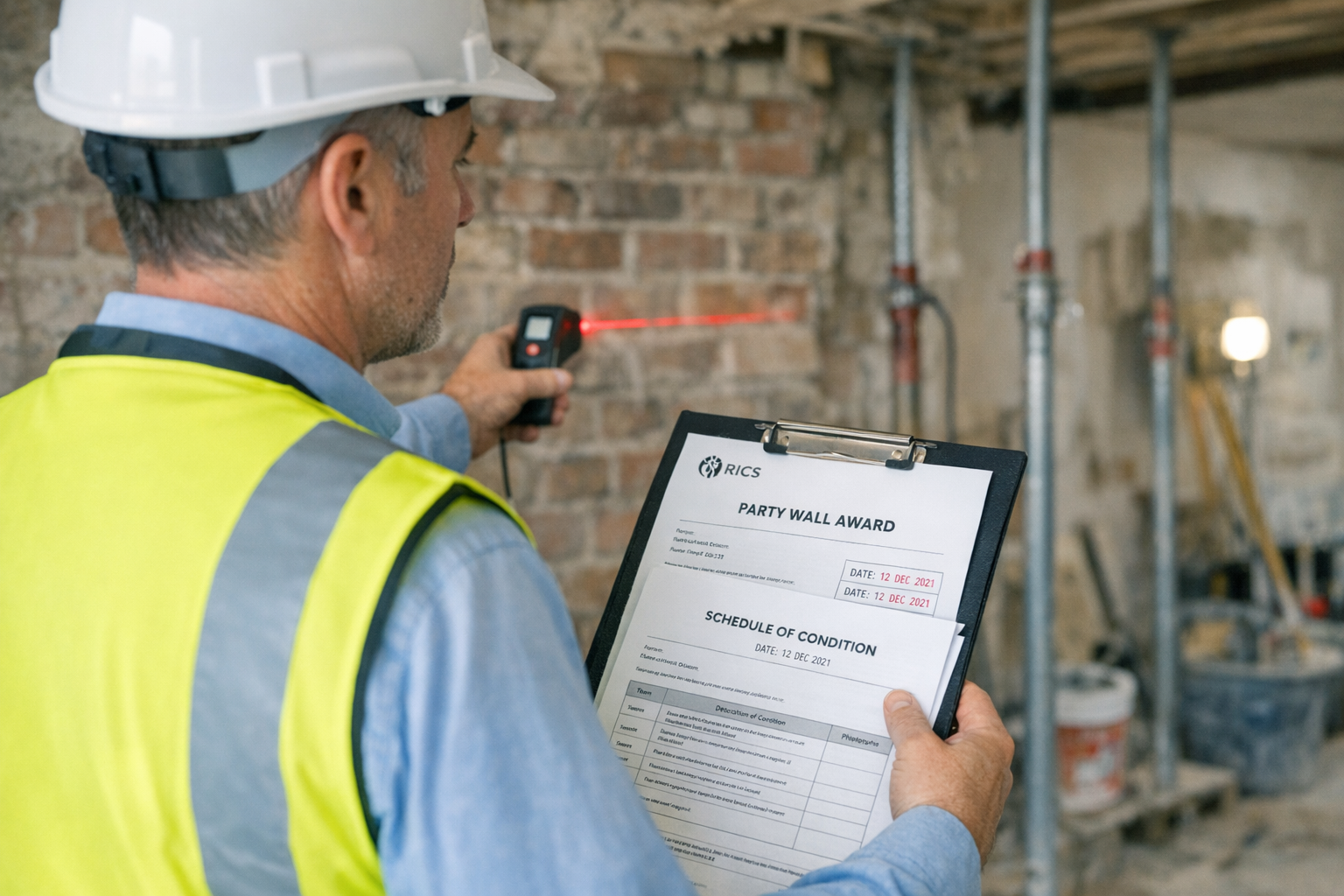 () photograph of professional party wall surveyor conducting site inspection, wearing high-visibility vest and hard hat,
