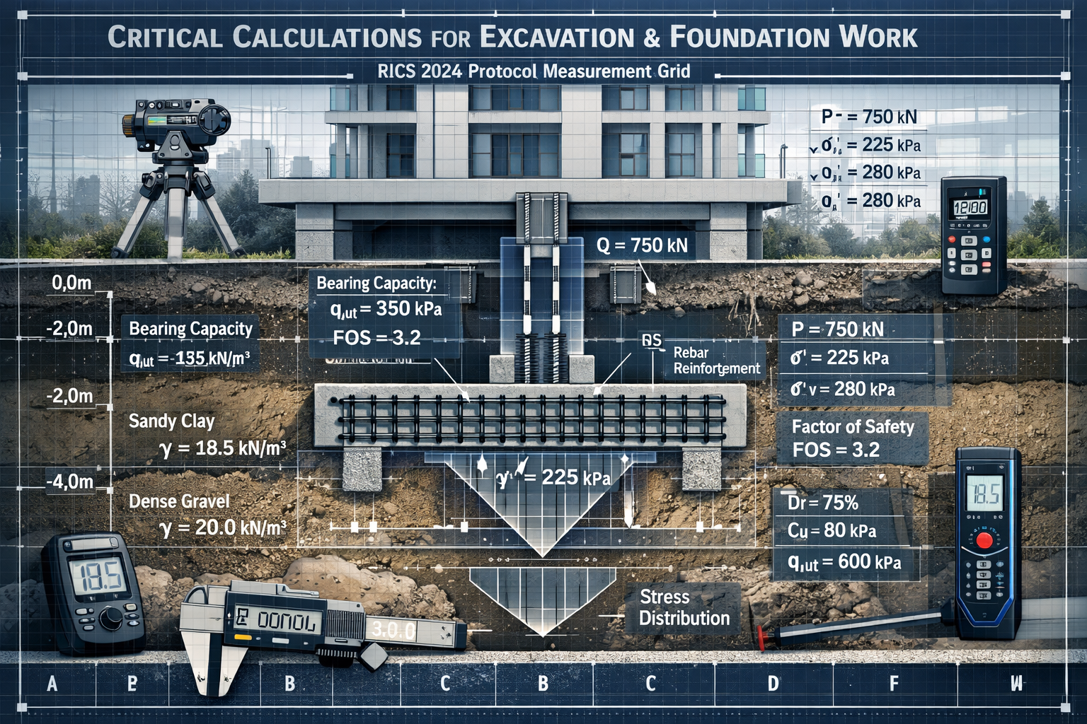 Technical architectural engineering illustration showcasing 'Critical Calculations for Excavation and Foundation Work' with