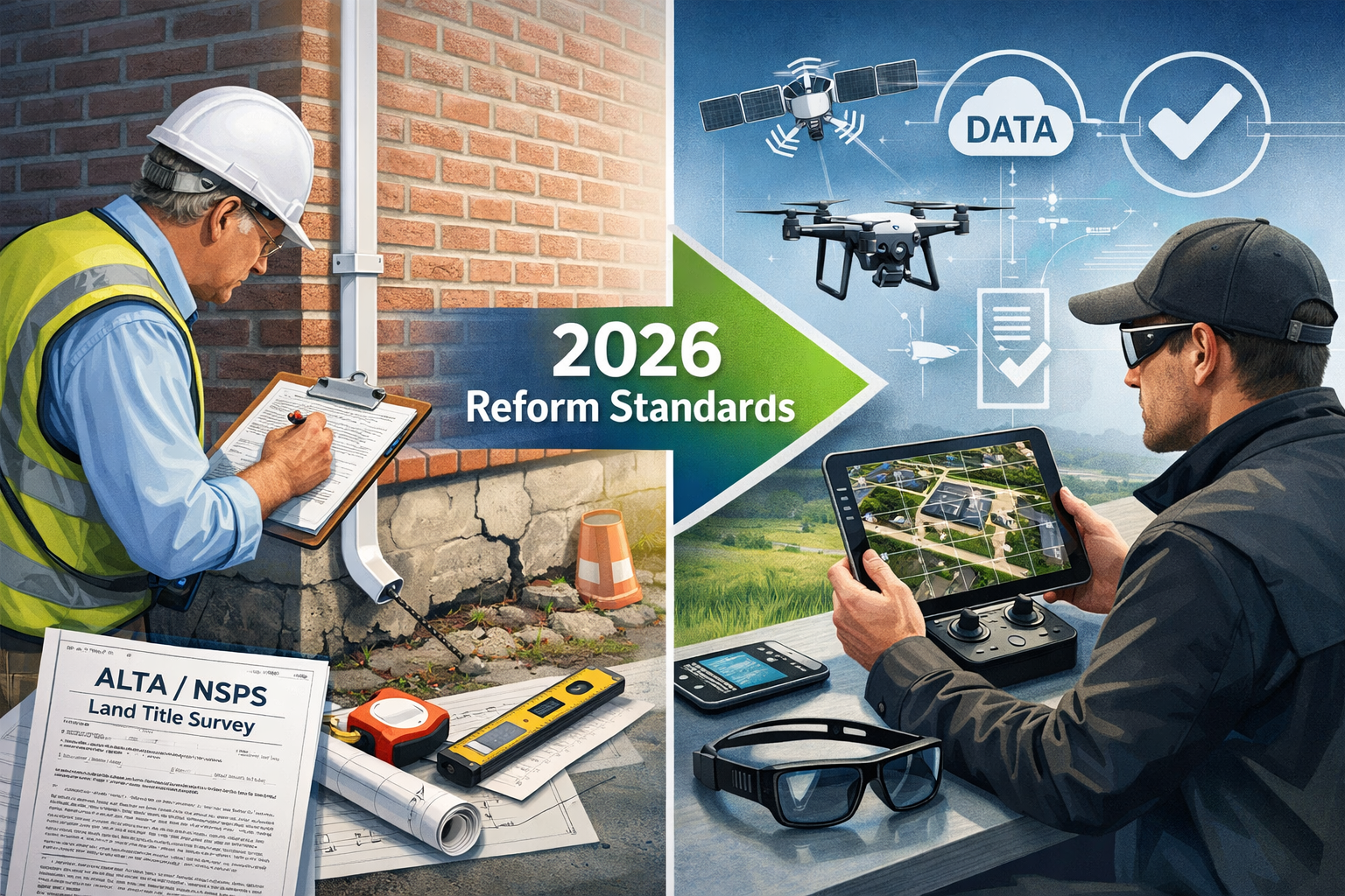 Detailed () image showing split-screen composition: left side displays traditional surveyor with clipboard conducting manual