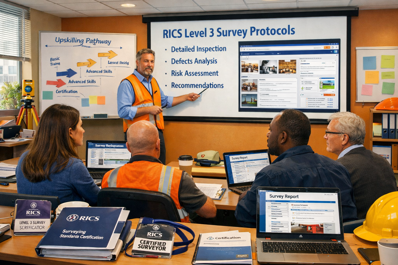 Comprehensive () training classroom scene showing diverse group of professional surveyors attending certification workshop,