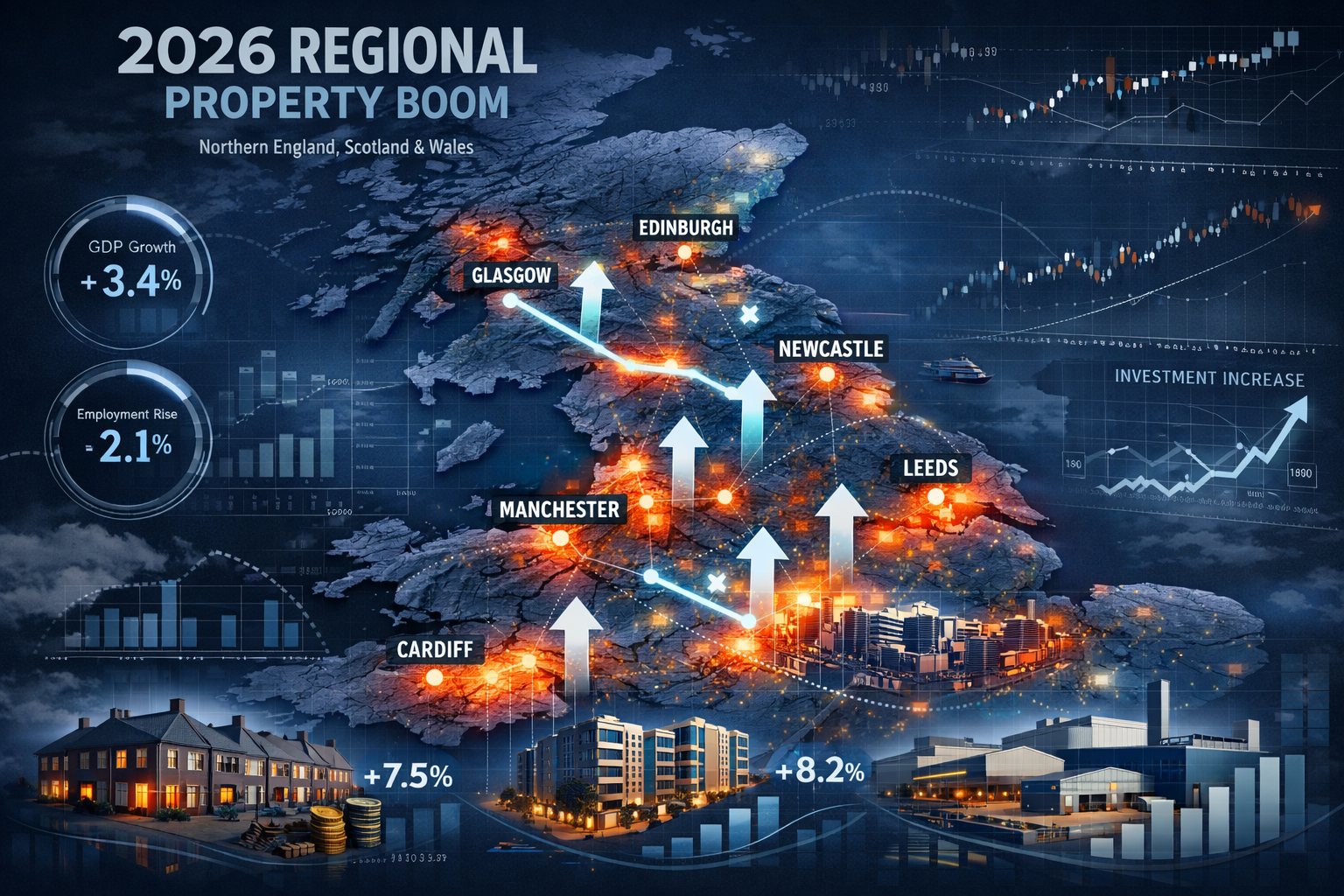 Comprehensive editorial-style visualization exploring '2026 Regional Property Boom' with a dynamic landscape map of Northern