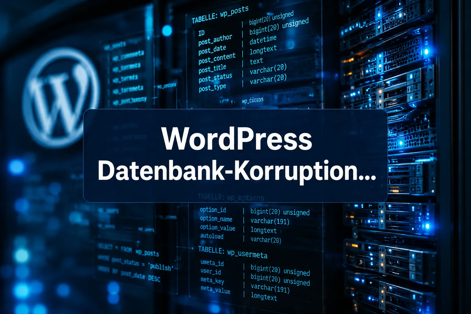 Professional () hero image with (≤42 chars): 'WordPress Datenbank-Korruption…' in crisp white centered on a deep