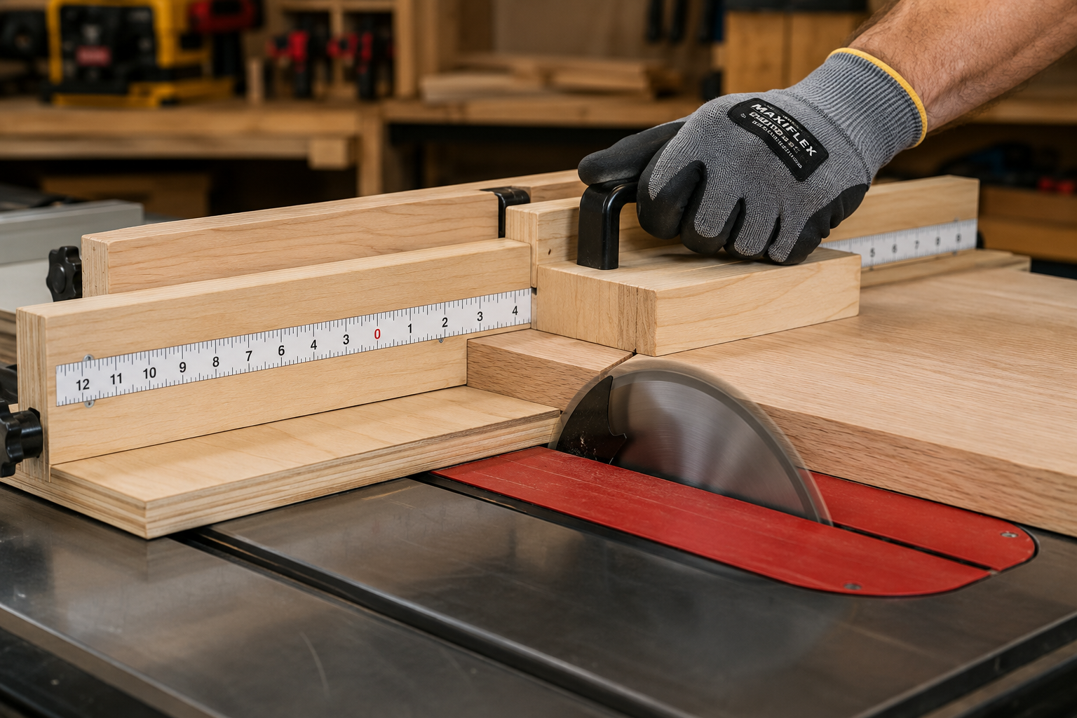 A close-up, dynamic () shot of a tablesaw crosscut sled in action. The image focuses on a workpiece being cut by the saw