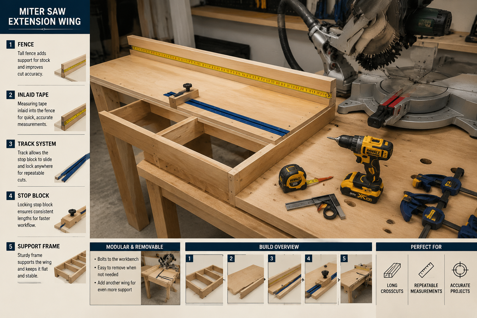 A detailed () visual guide to building a miter saw station extension wing. The image should feature a partially constructed