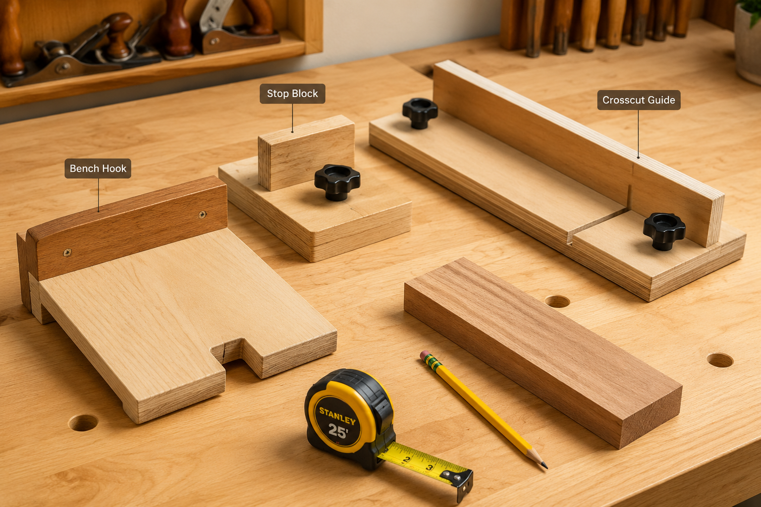 An illustrative () showing various small, essential woodworking jigs laid out on a clean workbench, including a bench hook,