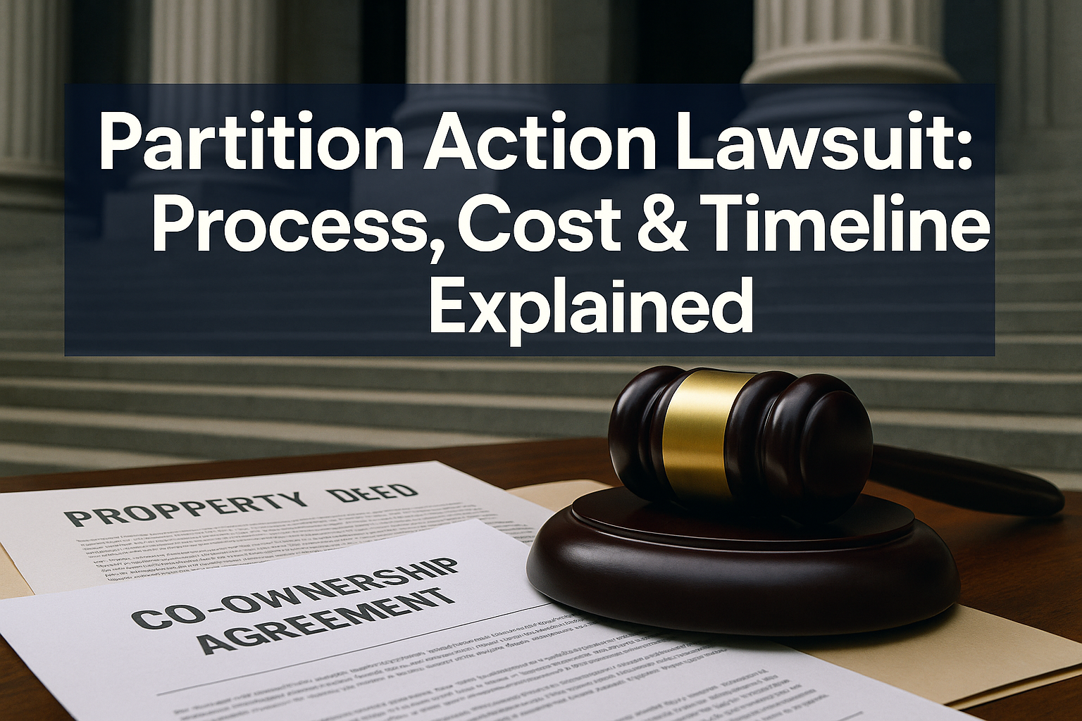 Professional landscape hero image (1536x1024) featuring bold text overlay 'Partition Action Lawsuit: Process, Cost & Timeline Explained' in 
