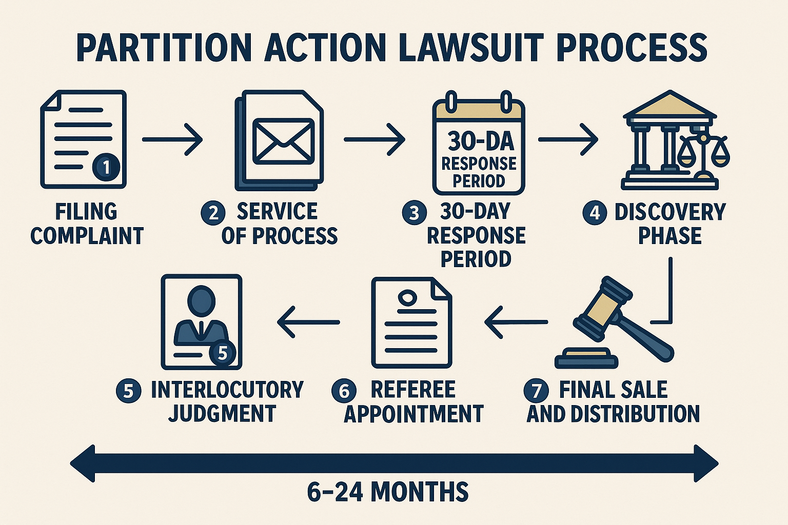 Detailed courtroom procedural flowchart illustration (1536x1024) showing step-by-step partition action lawsuit process with numbered timelin