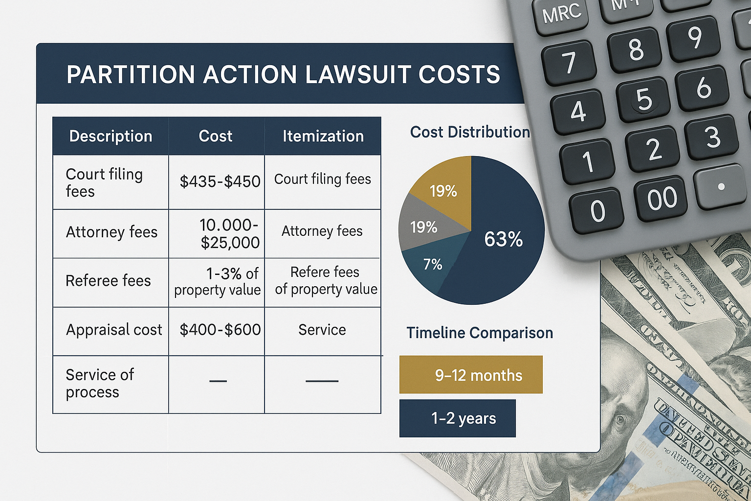Professional financial breakdown table visualization (1536x1024) displaying partition action lawsuit costs in detailed columns and rows form