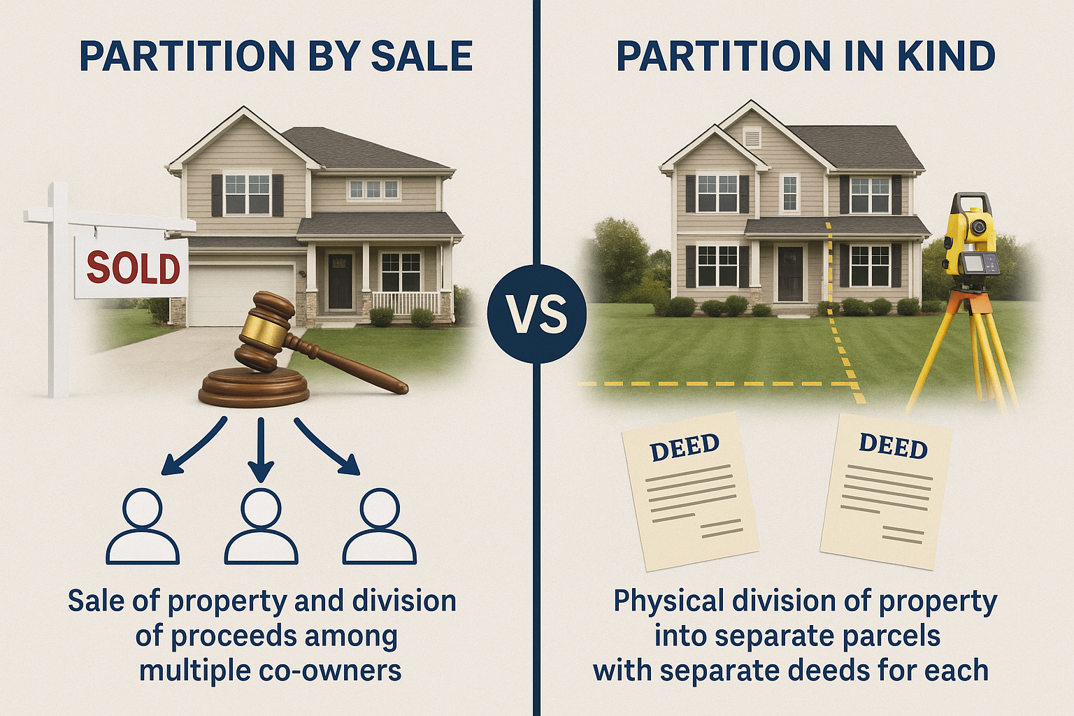 Split-screen comparison illustration (1536x1024) showing 'Partition by Sale' versus 'Partition in Kind' concepts. Left side displays single-
