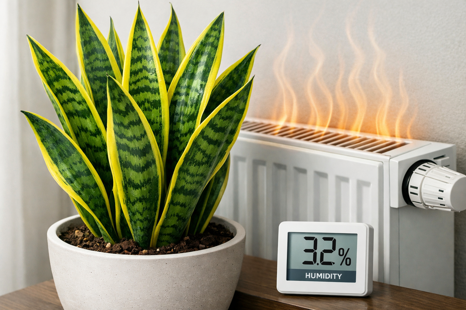 Detailed () image showing a close-up of a Snake Plant (Sansevieria trifasciata) thriving in a modern ceramic pot next to a