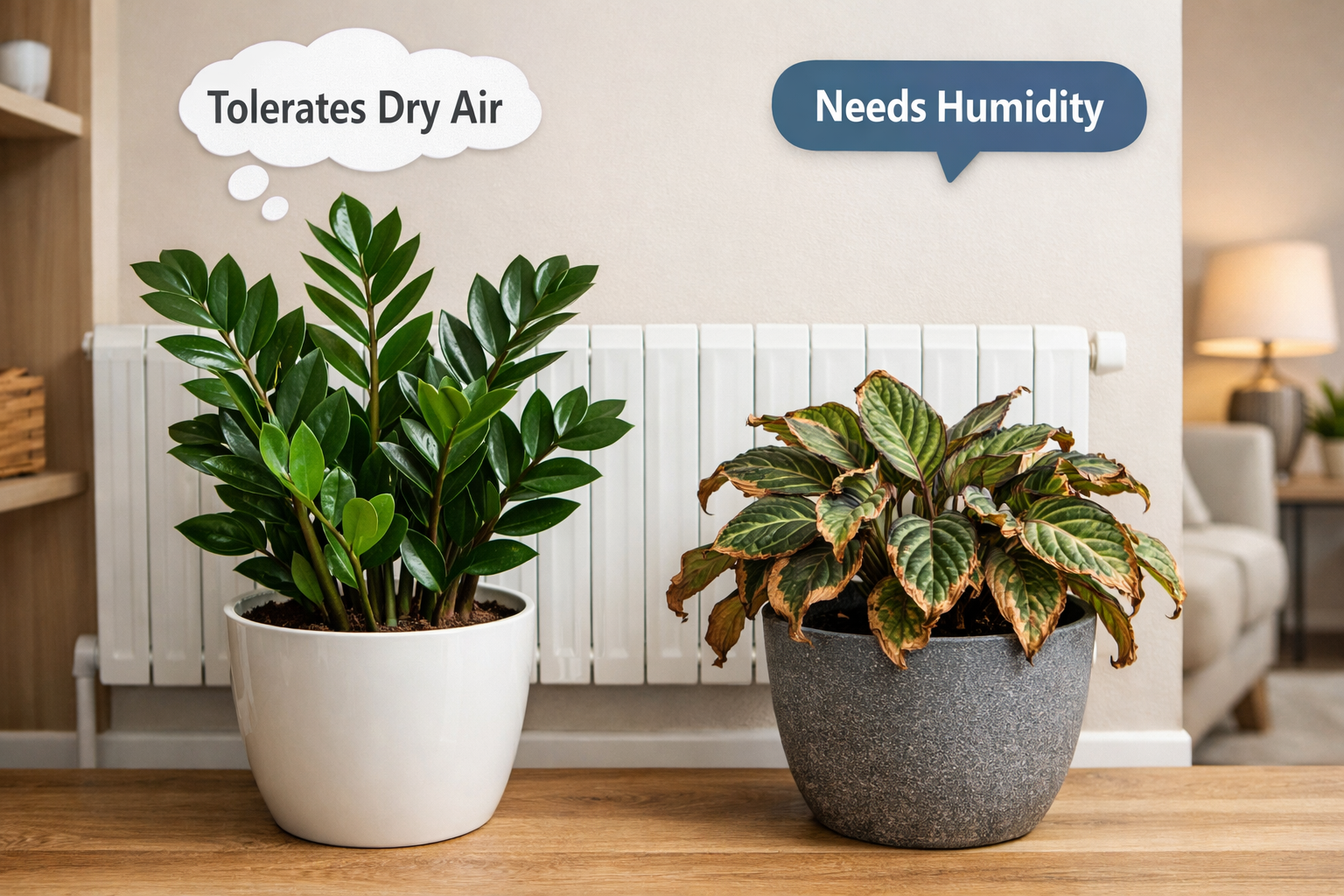 Detailed () image presenting a side-by-side comparison of two plants: a healthy ZZ Plant (Zamioculcas zamiifolia) next to a