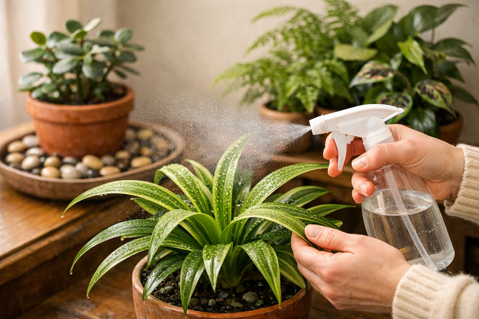 Detailed () image illustrating various care techniques for houseplants in dry winter air. The central focus is a person