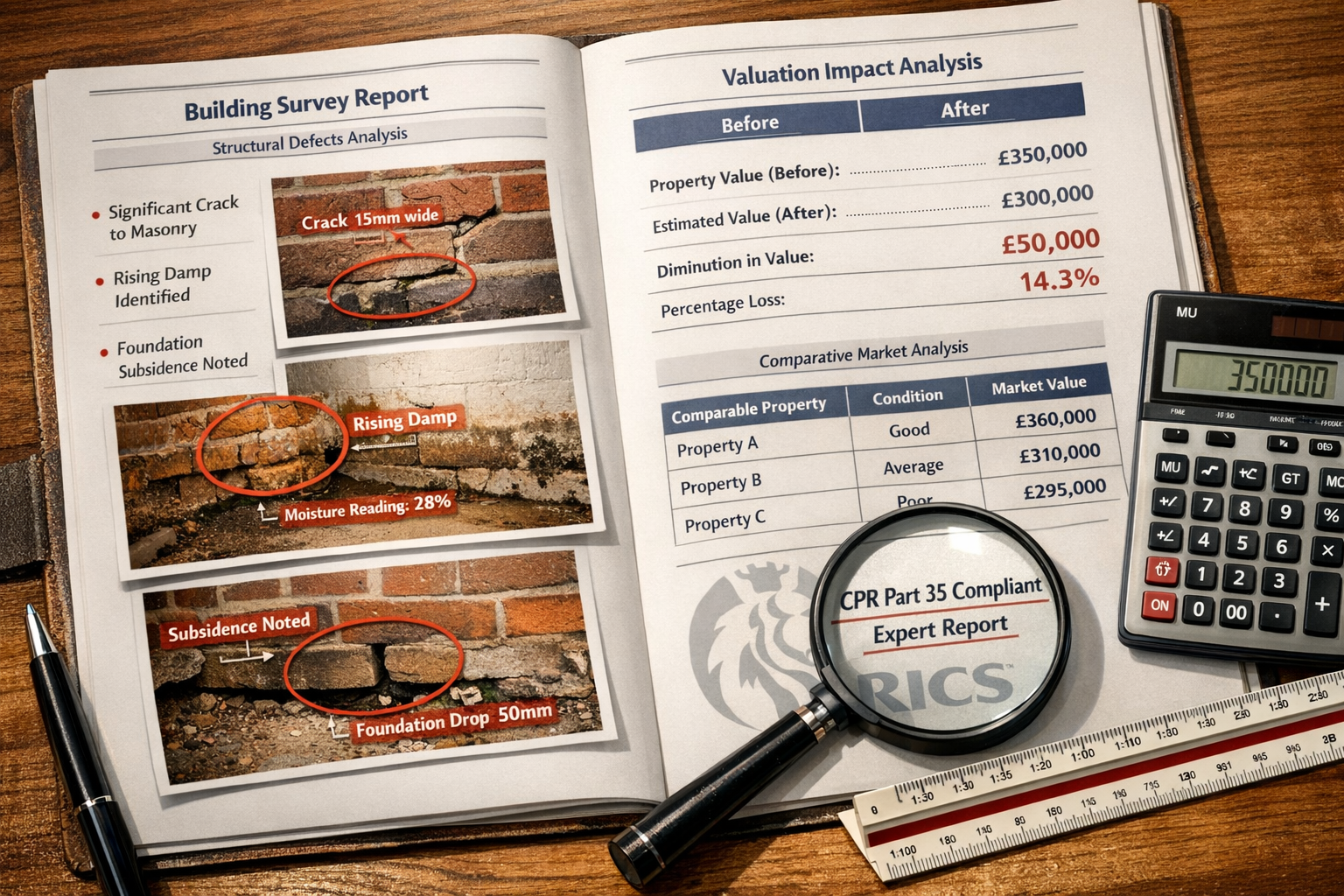 Detailed () image showing close-up of dual-expertise surveyor report layout on wooden desk surface. Left page displays