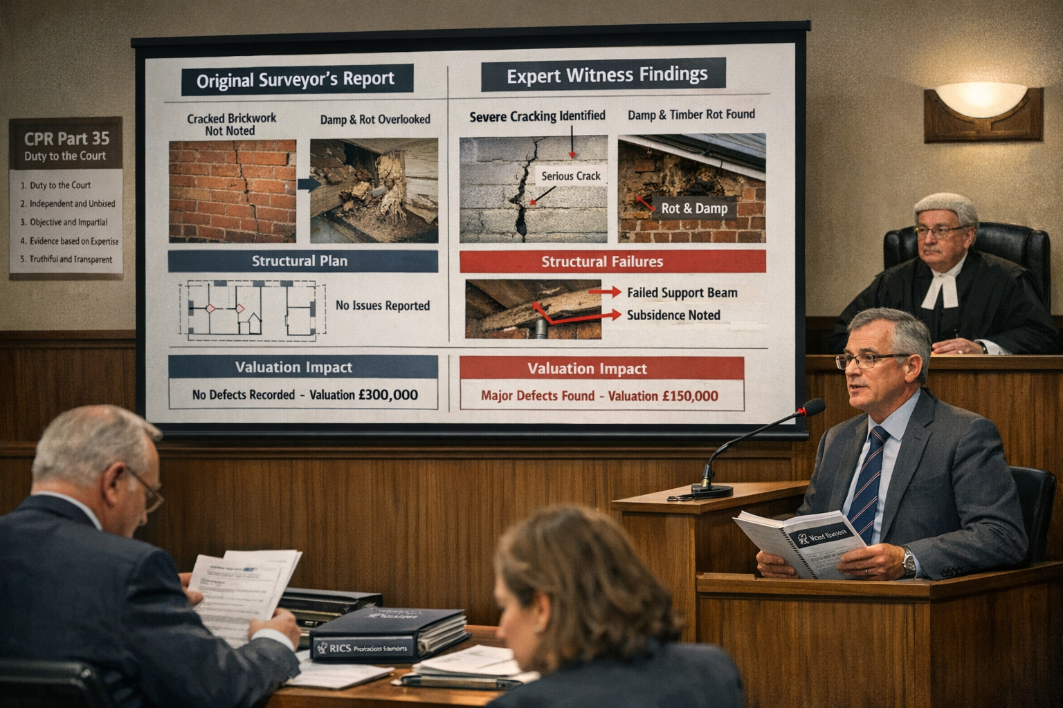 Detailed () courtroom scene visualization showing expert witness surveyor presenting evidence at professional negligence