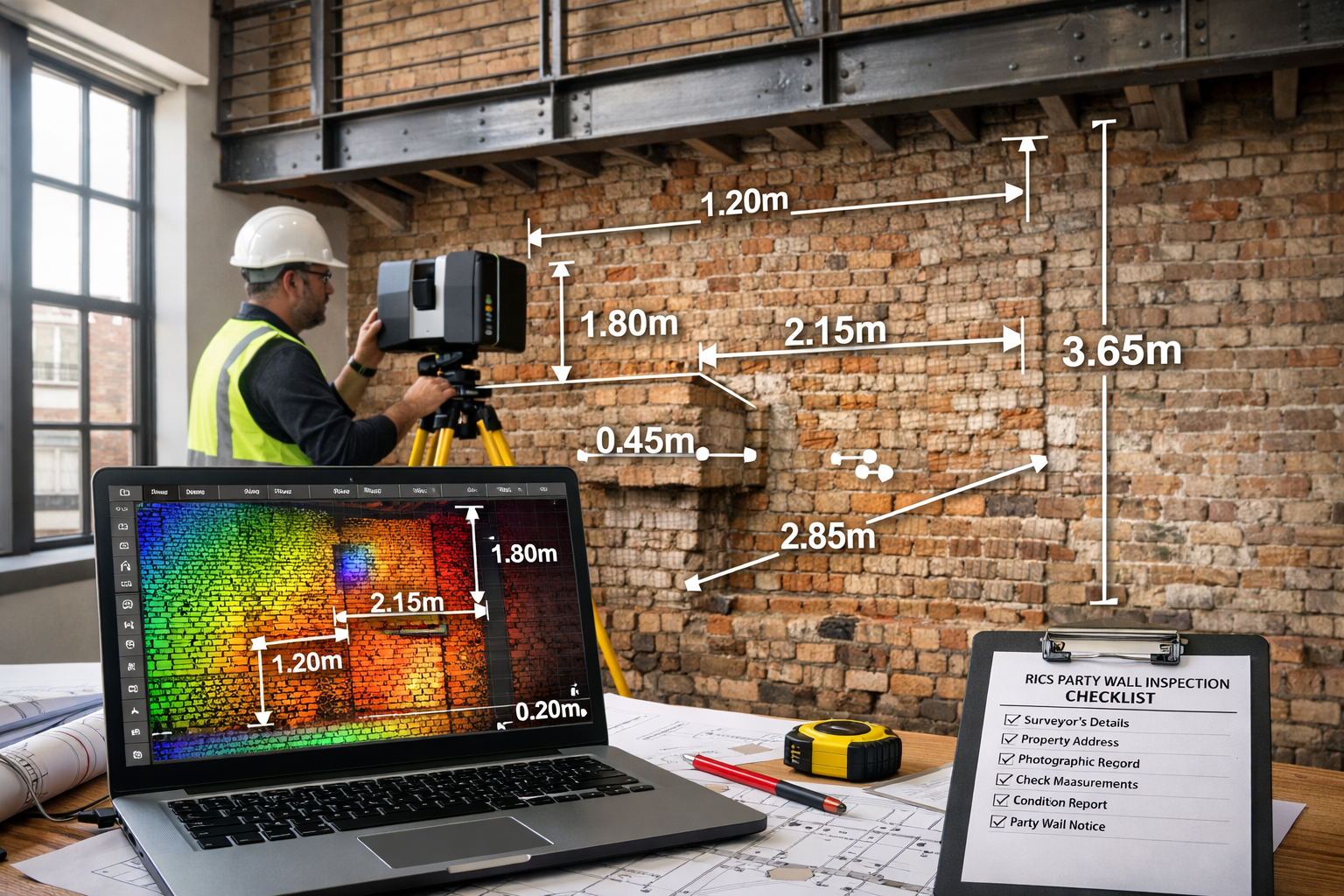 Detailed () editorial image showing professional surveyor conducting reality capture survey of party wall using advanced 3D