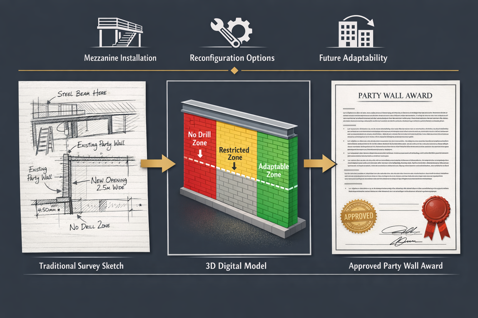 Comprehensive () infographic-style image displaying party wall award documentation process for flexible spaces. Split into