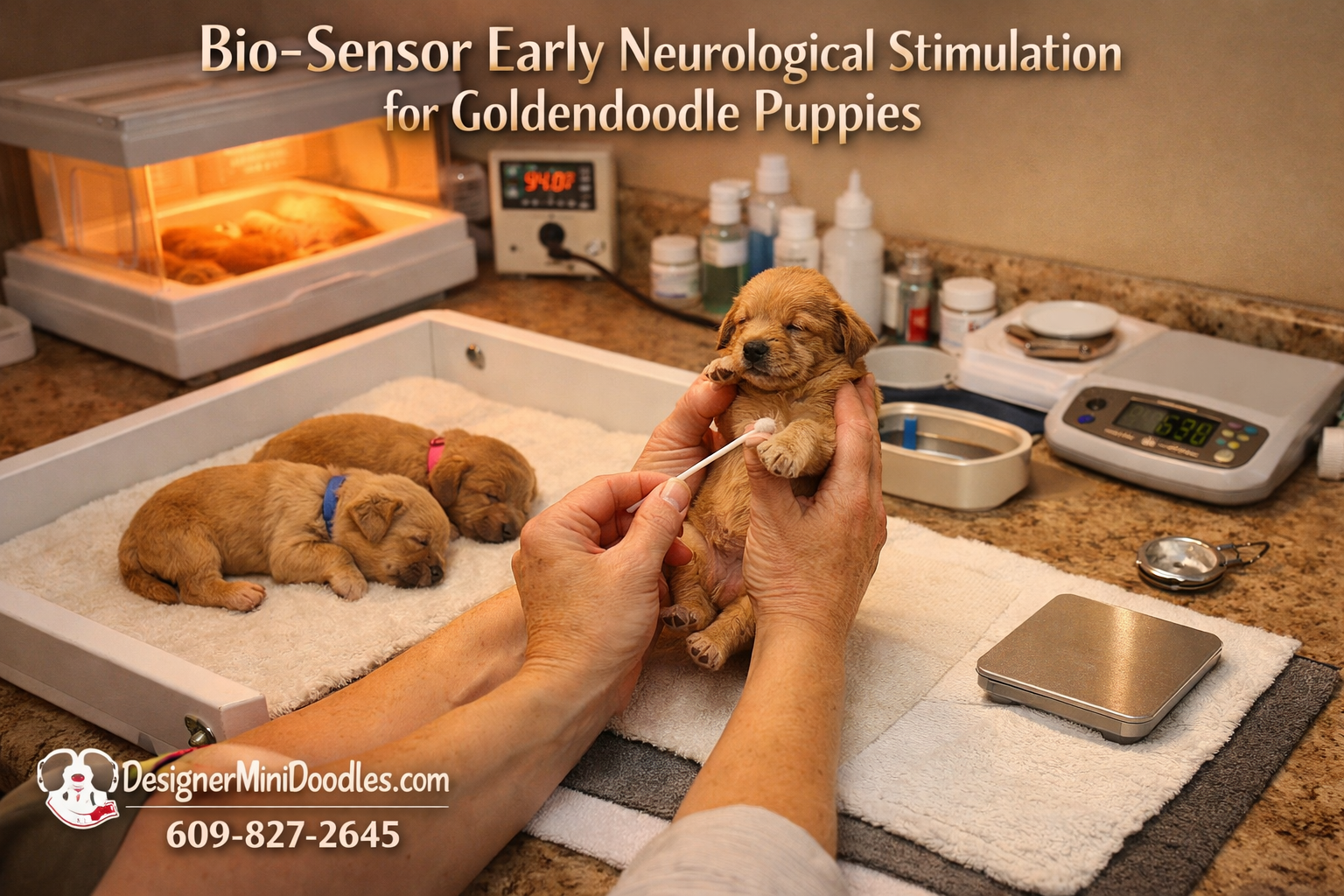() warm editorial photograph showing a professional whelping room setup with a bio-sensor early neurological stimulation