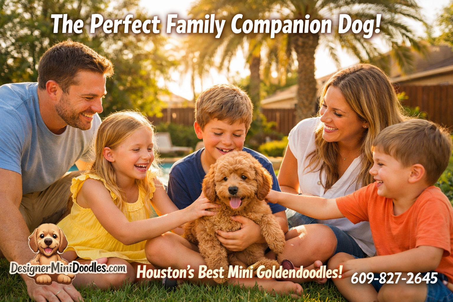 () lifestyle photograph of a happy family with children playing with a small apricot micro mini goldendoodle puppy in a