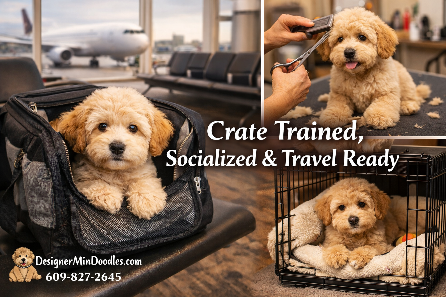 () editorial photo collage style image showing a mini goldendoodle puppy in a travel carrier at an airport gate, combined