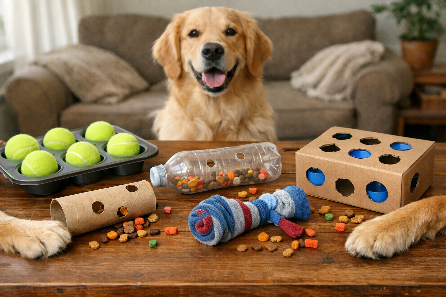 Wide landscape shot (1536x1024) showing various homemade dog puzzle toys spread across a wooden table, including muffin tin with tennis ball