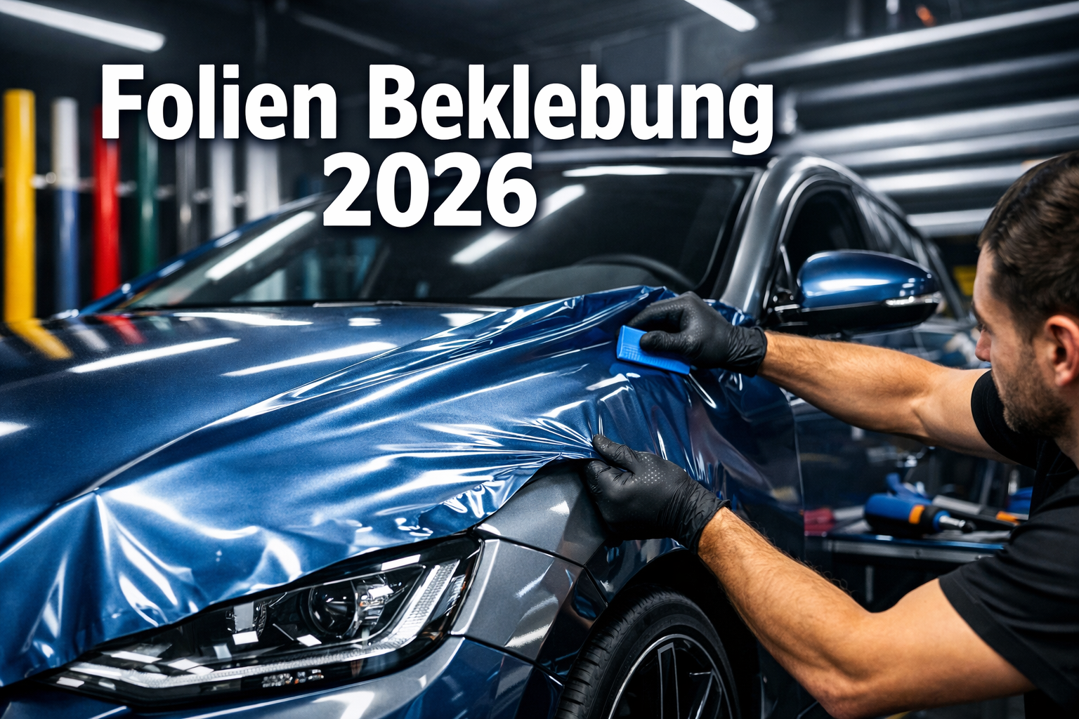 Professional landscape format (1536x1024) hero image featuring bold text overlay 'Folien Beklebung 2026' in extra large 72pt white sans-seri