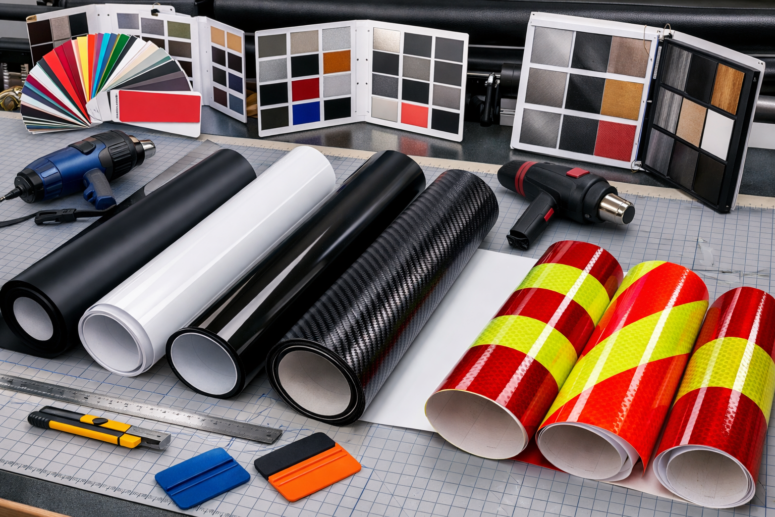 Landscape format (1536x1024) image showing various types of vinyl films and foils spread out on professional cutting table, including matte 