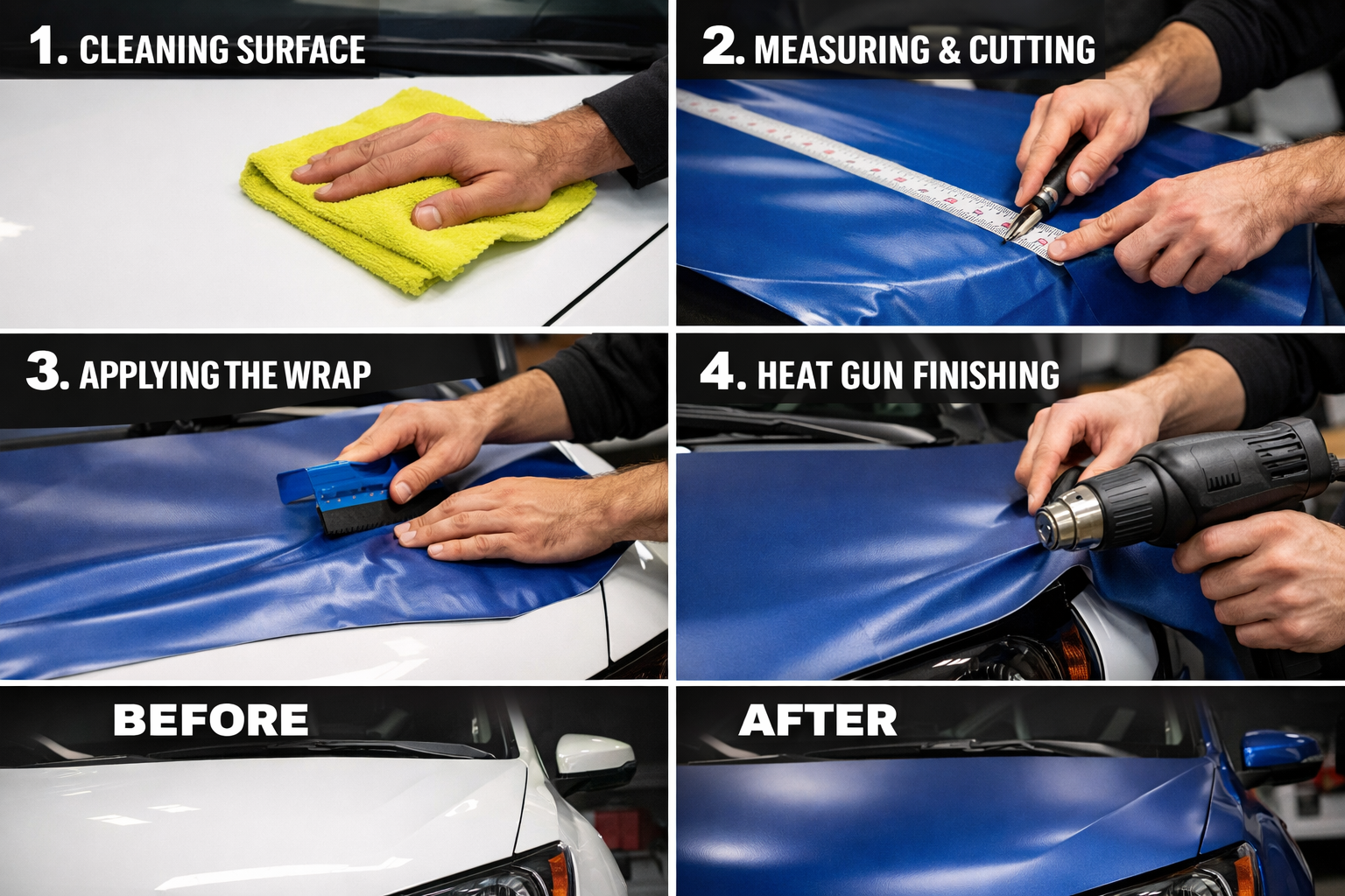 Landscape format (1536x1024) image depicting step-by-step vehicle wrapping process with numbered stages: 1) surface cleaning with microfiber
