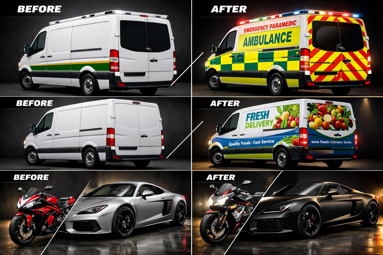 Landscape format (1536x1024) image showcasing diverse vehicle wrapping applications: emergency ambulance with reflective Diamond Grade strip