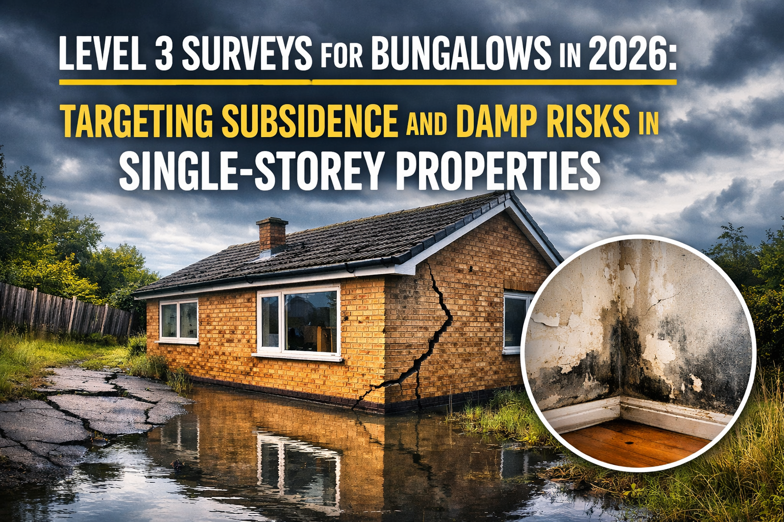 Professional landscape hero image () with : "Level 3 Surveys for Bungalows in 2026: Targeting Subsidence and Damp Risks in
