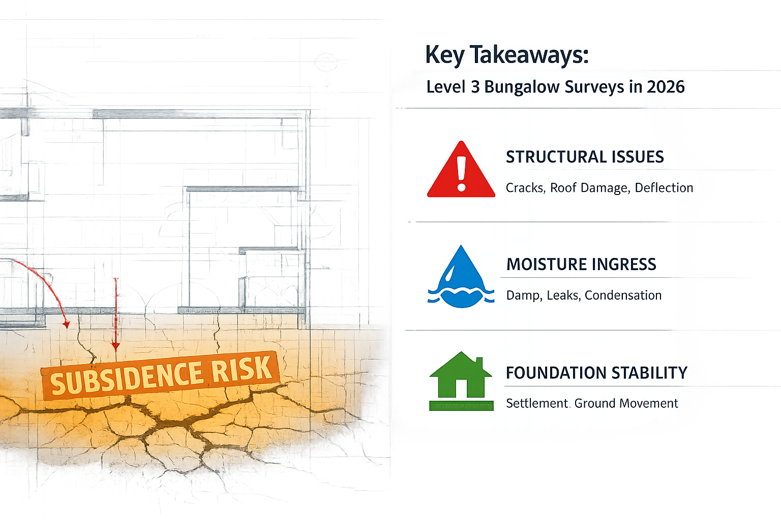 Split-screen infographic highlighting 'Key Takeaways' for Level 3 Bungalow Surveys in 2026, featuring professional