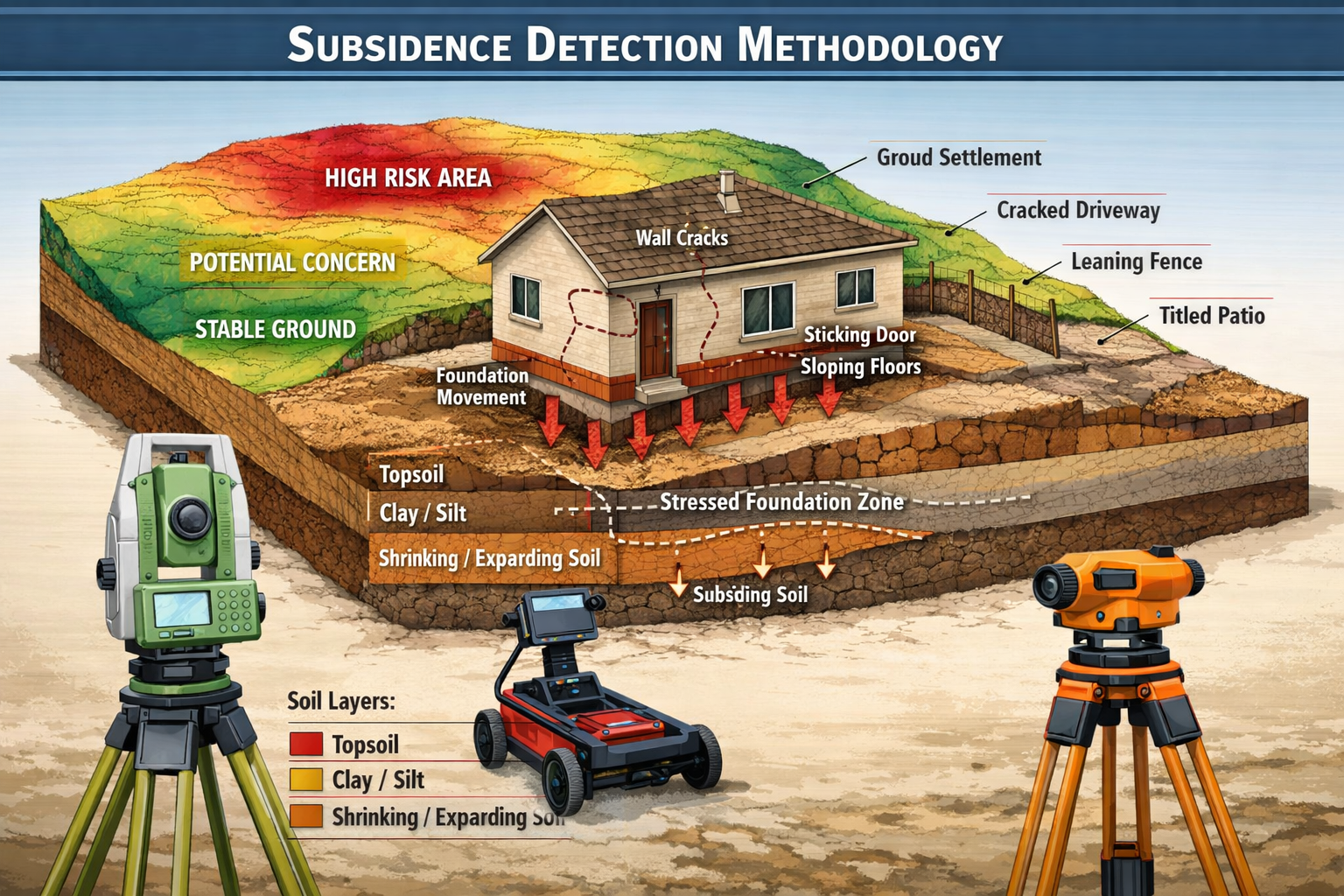 Geological-style technical diagram depicting subsidence detection methodology for single-storey properties, showing ground