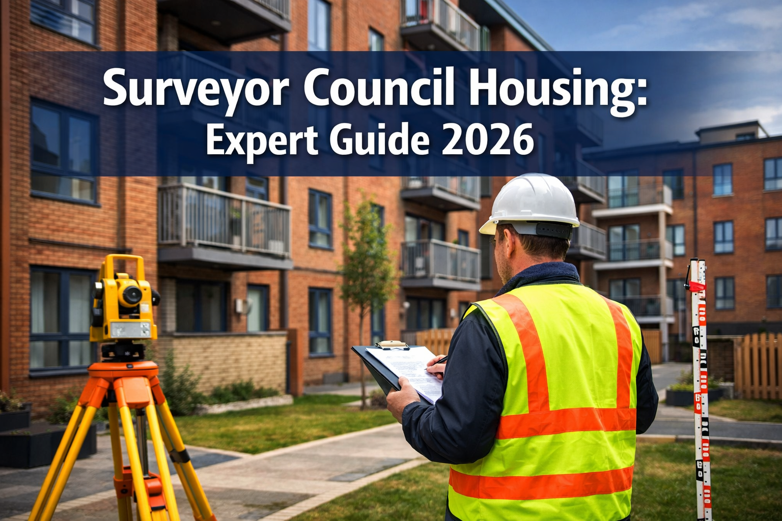 Professional landscape hero image (1536x1024) featuring bold text overlay 'Surveyor Council Housing: Expert Guide 2026' in extra large 72pt