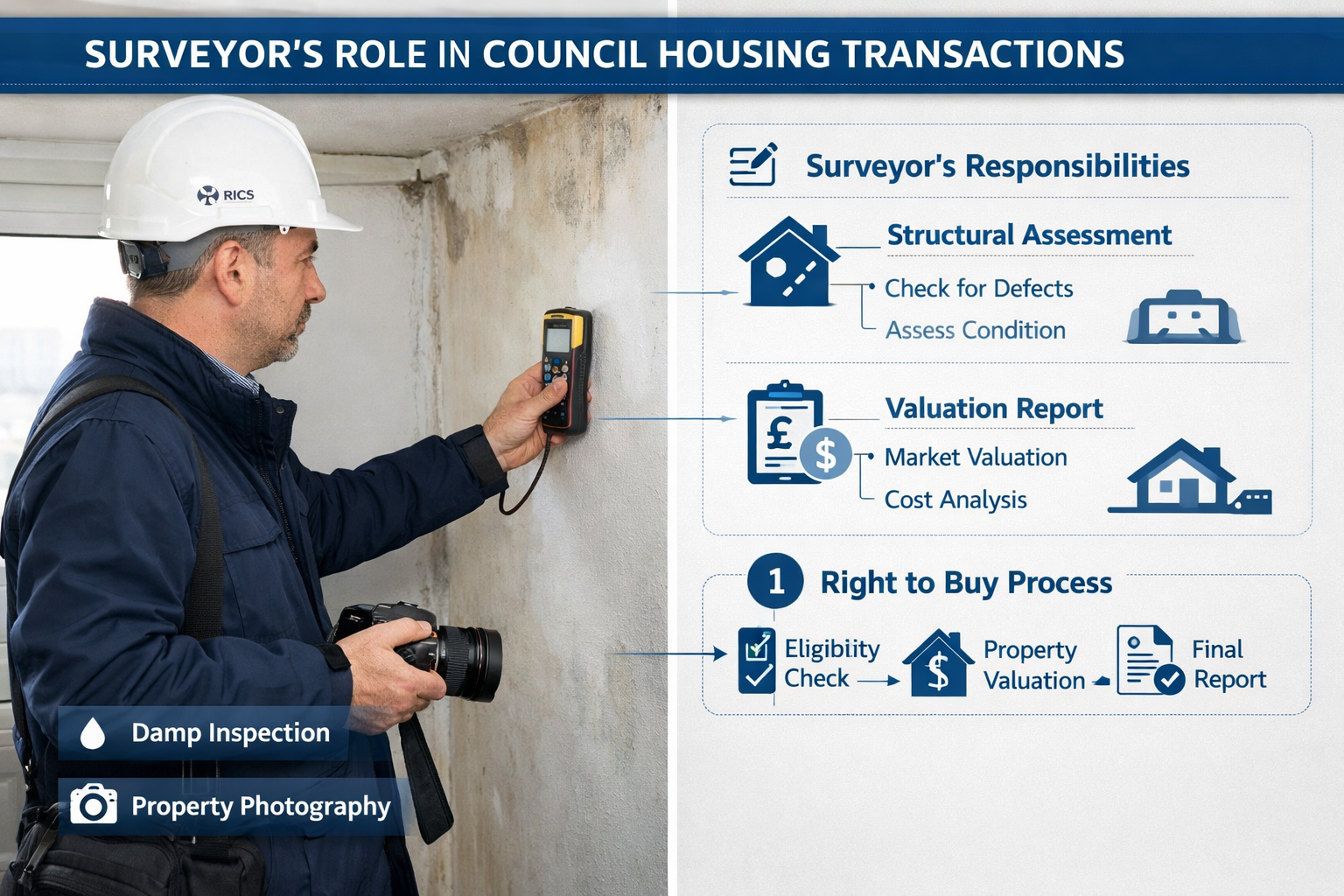 Detailed landscape infographic (1536x1024) showing the role of surveyors in council housing transactions, split-screen composition with left