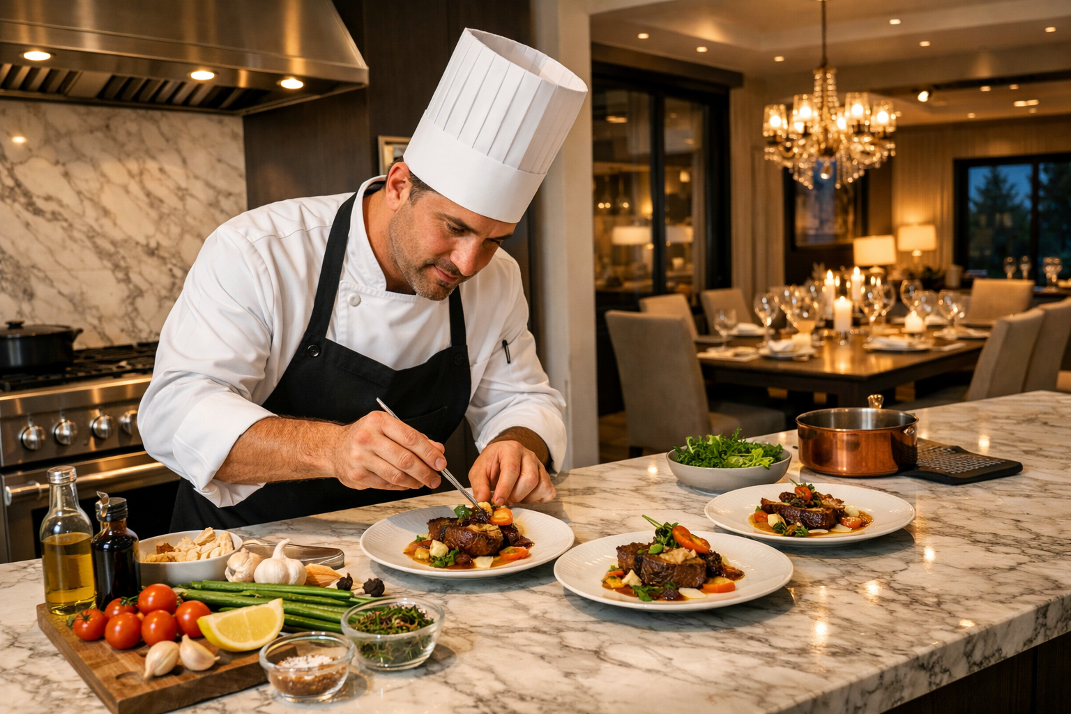 Detailed () image featuring a private chef meticulously plating a gourmet meal in a spacious, contemporary Airbnb kitchen