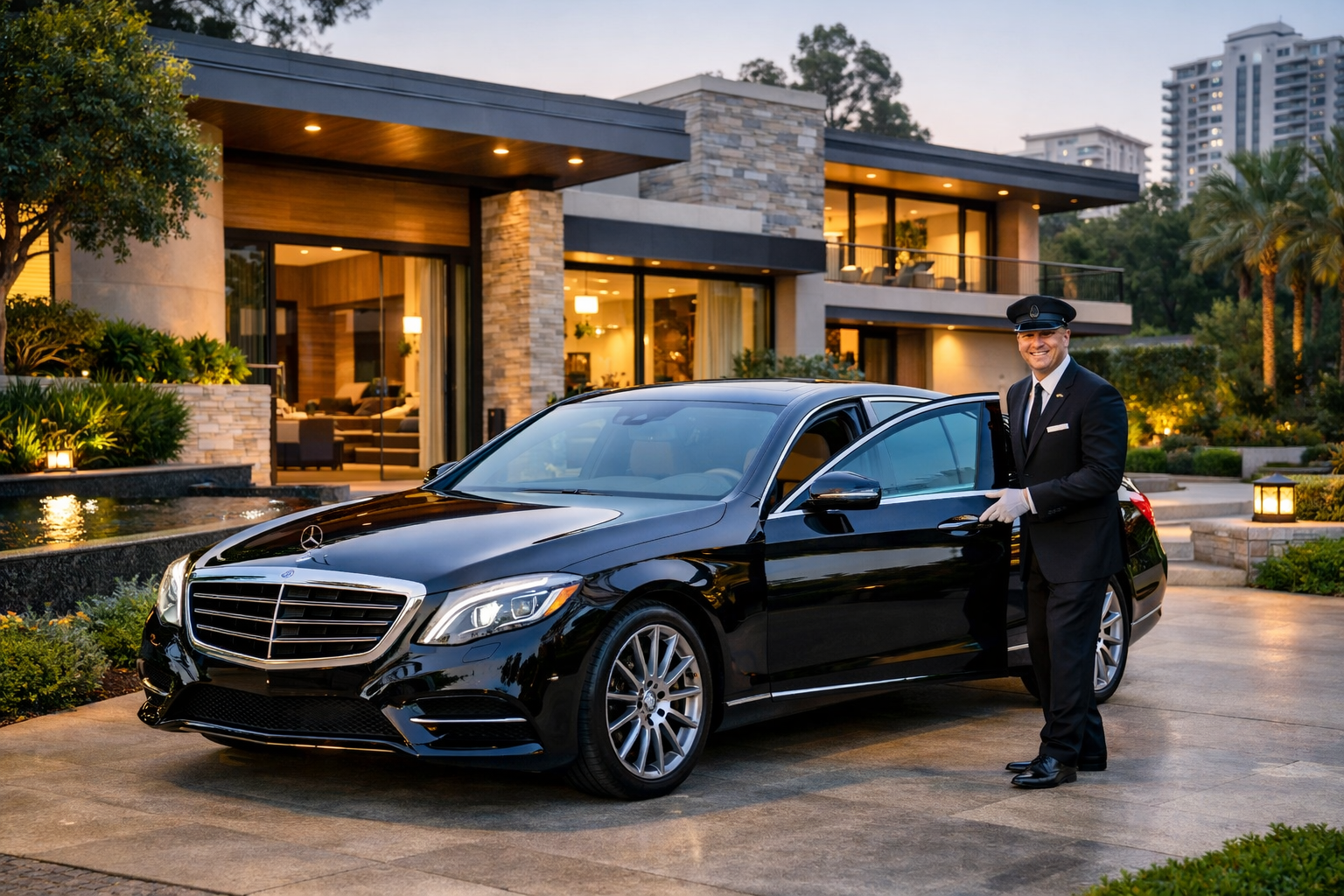 Detailed () image depicting a sleek, luxury car (e.g., Mercedes-Benz S-Class) parked at the entrance of a modern, private