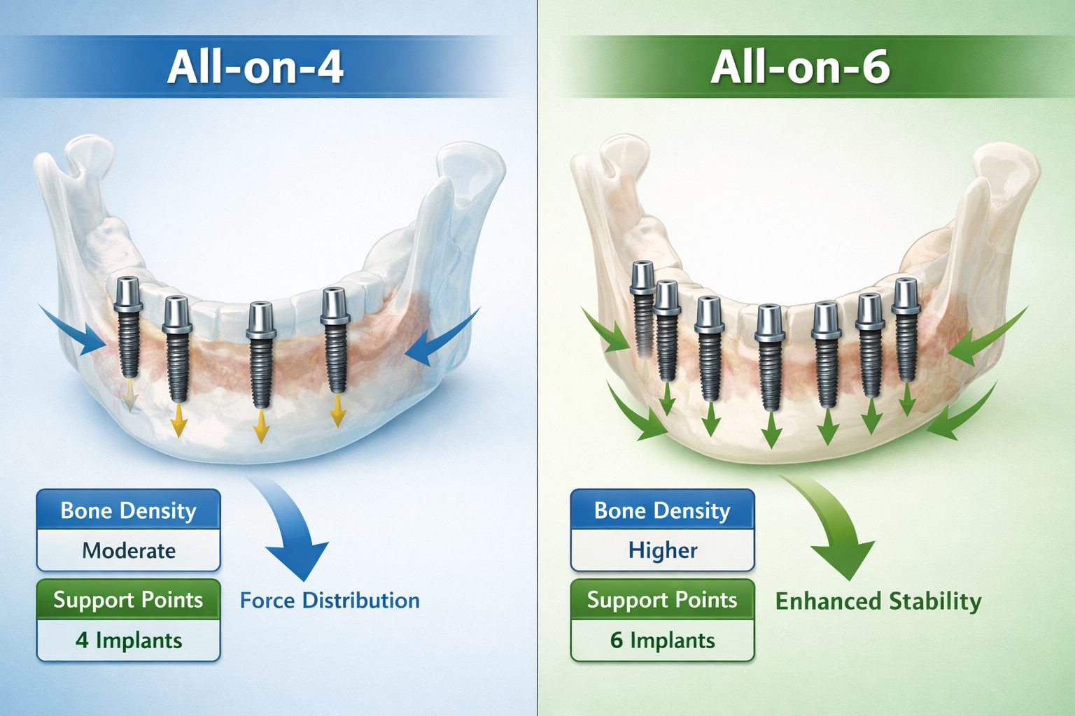 Detailed () image comparing the skeletal structure and number of implants for All-on-4 and All-on-6 procedures. One side of