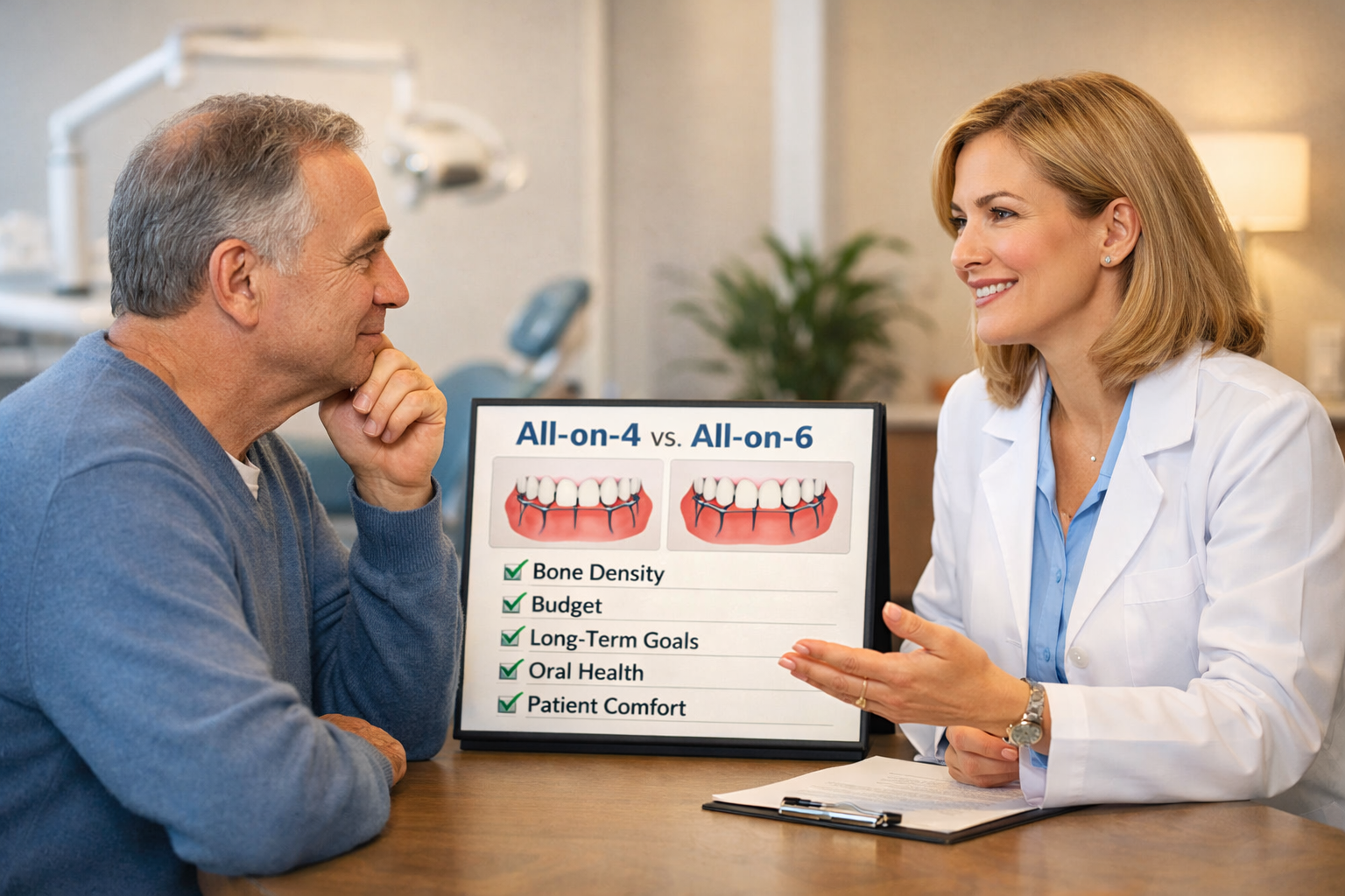 A serene () image of a patient thoughtfully considering their options for full arch tooth replacement, perhaps seated in a