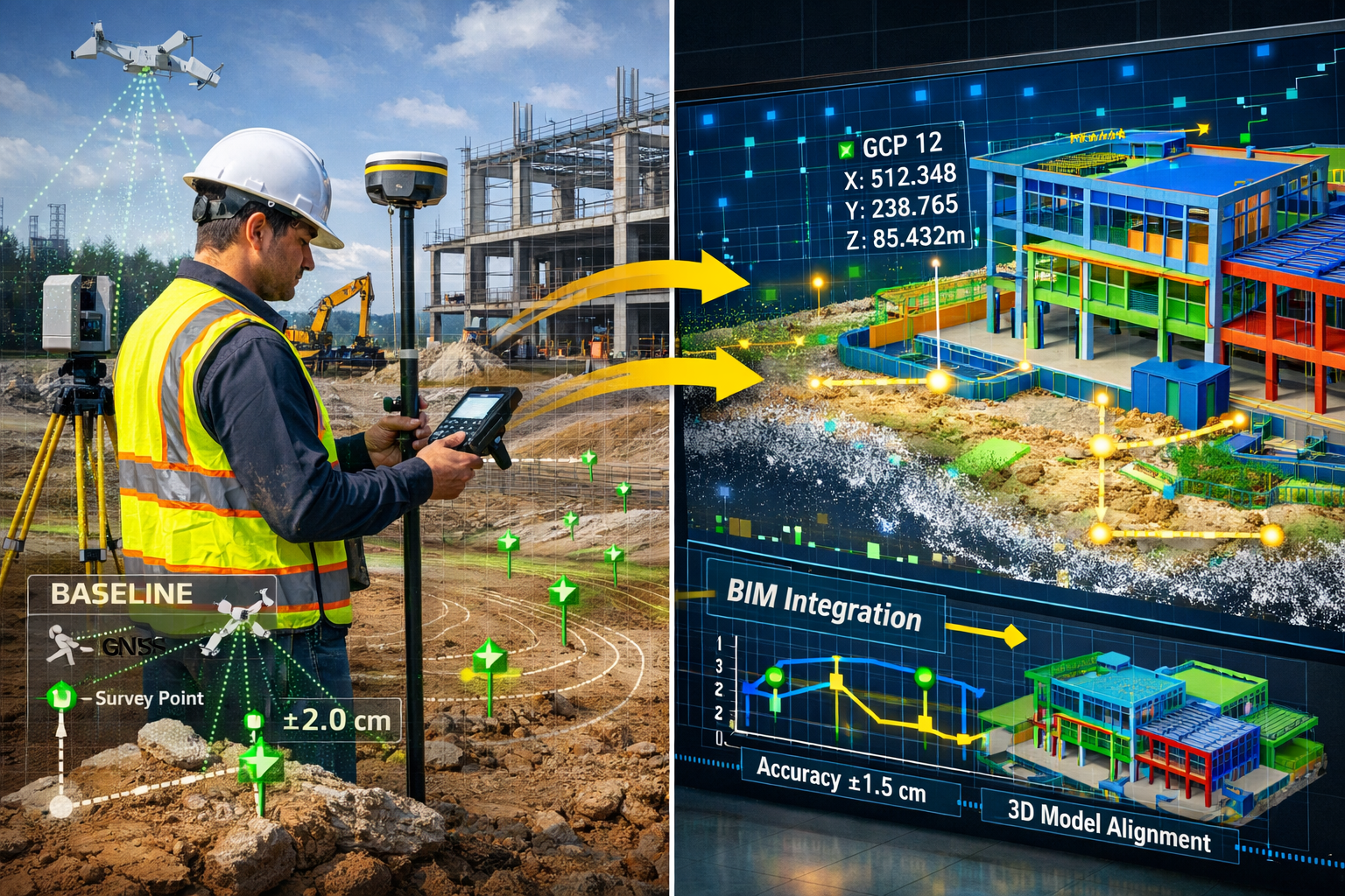 Detailed landscape format (1536x1024) image showing surveyor's role as BIM foundation with split-screen composition: left side displays surv