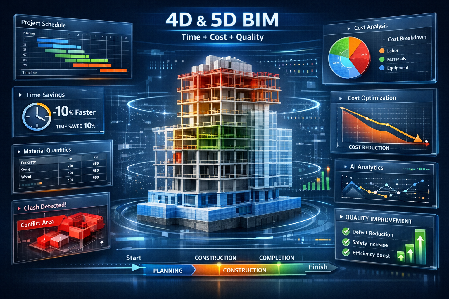 Detailed landscape format (1536x1024) infographic-style image demonstrating 4D and 5D BIM systems with timeline visualization. Center shows 