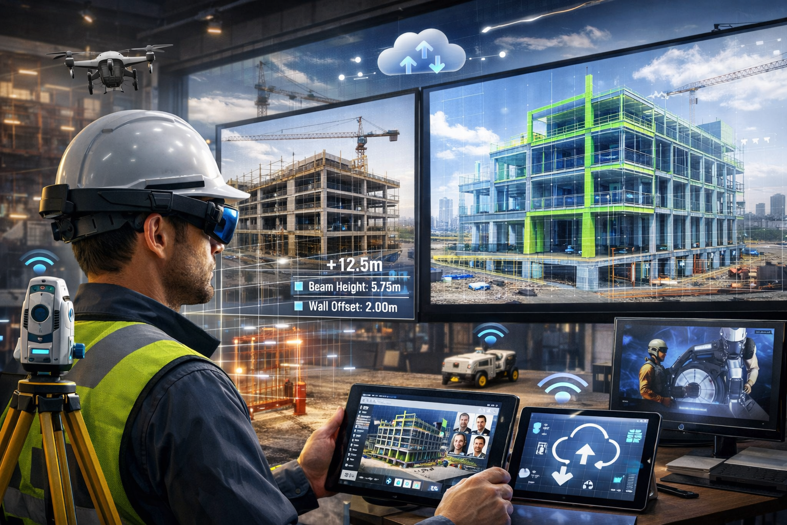 Detailed landscape format (1536x1024) image showcasing future technology integration in surveying and BIM collaboration for 2026. Foreground