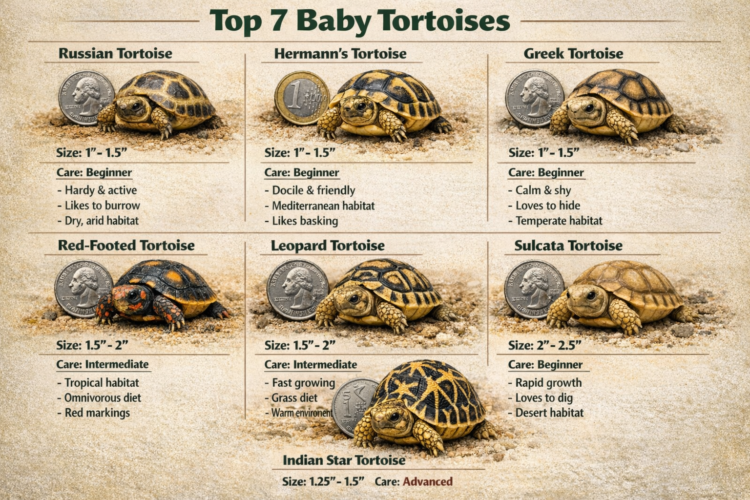 Detailed infographic showing the top 7 baby tortoise species in a grid layout: Russian, Hermann's, Greek, Red-footed, Leopard, Sulcata, and 