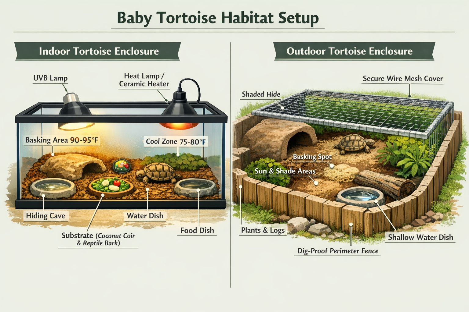 Comprehensive baby tortoise habitat setup visualization showing both indoor and outdoor enclosure options. Split-screen composition featurin
