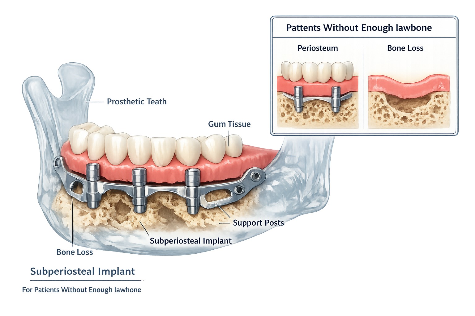Landscape format (1536x1024) image illustrating the concept of a subperiosteal implant. Show a transparent 3D model of a lower jawbone with 