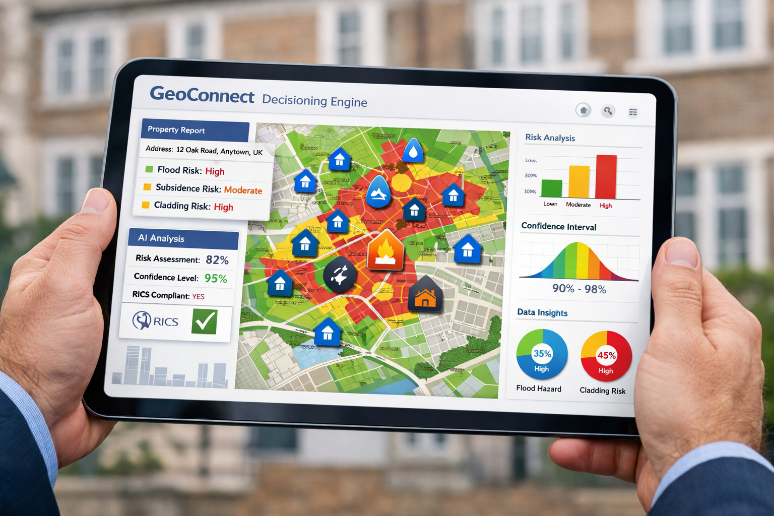 () editorial image showing close-up of digital tablet displaying GeoConnect decisioning engine interface with UK property