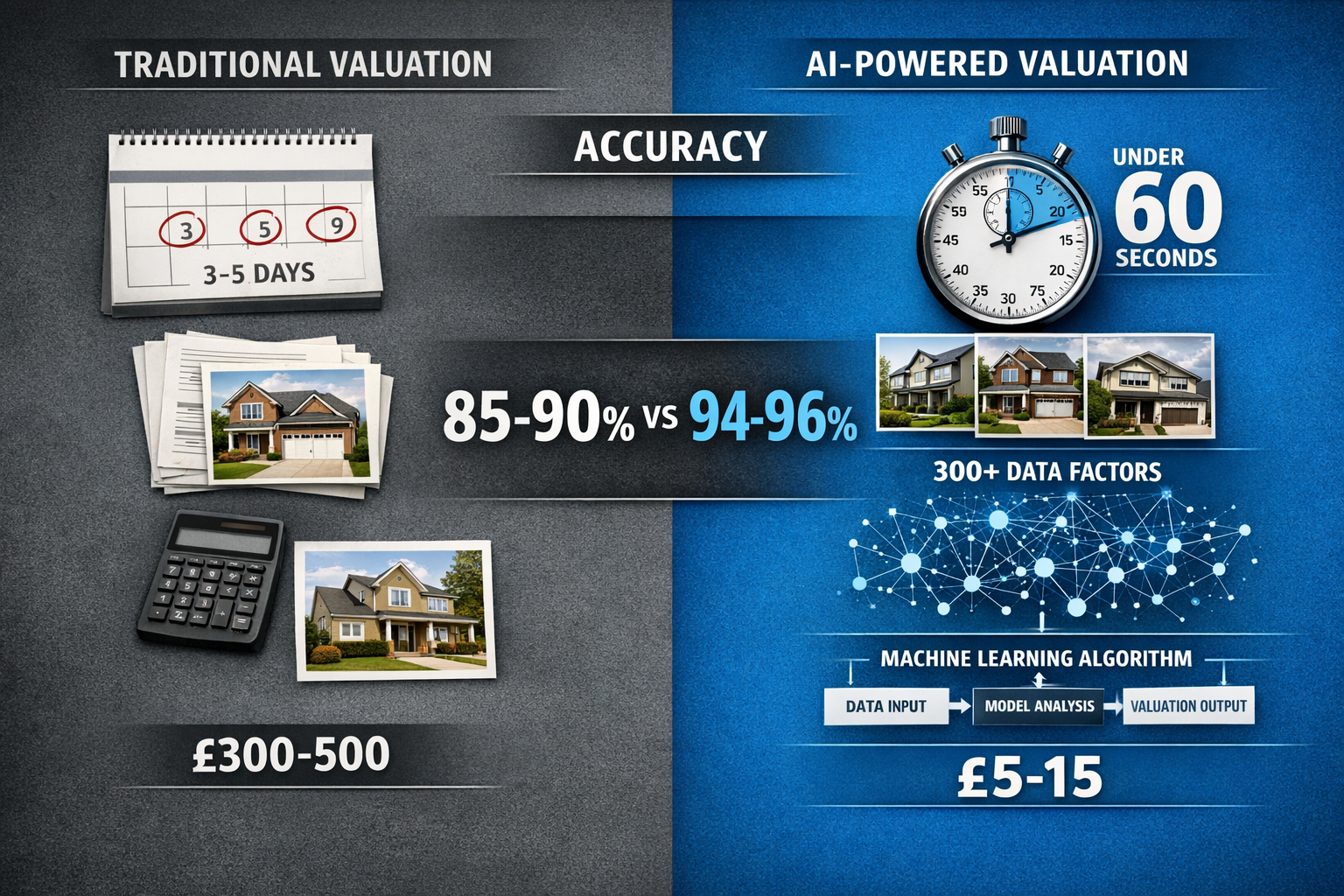 () infographic-style image comparing traditional vs AI-powered valuation processes. Left side shows traditional method: