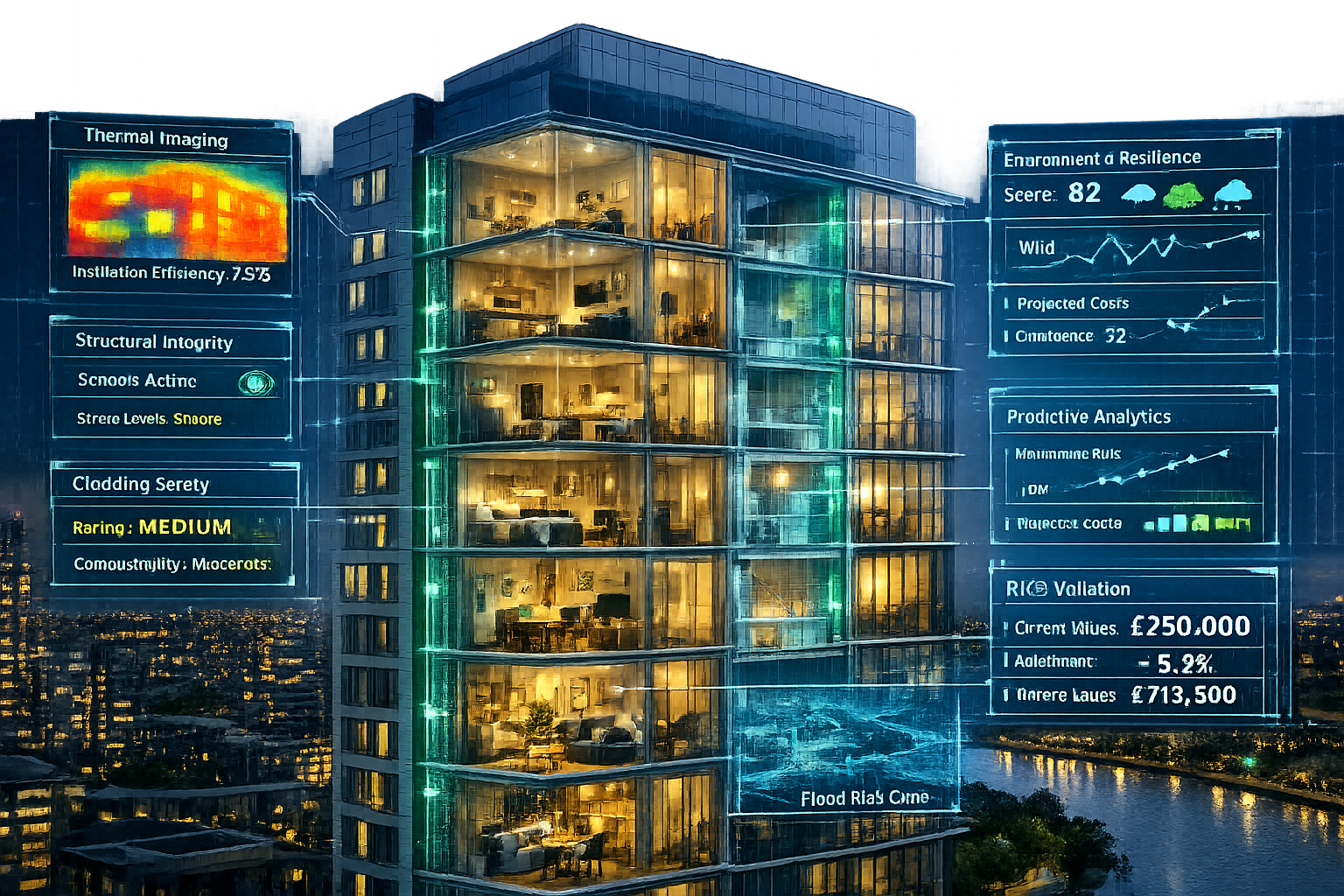 () architectural visualization showing cross-section view of UK high-rise residential building with transparent walls